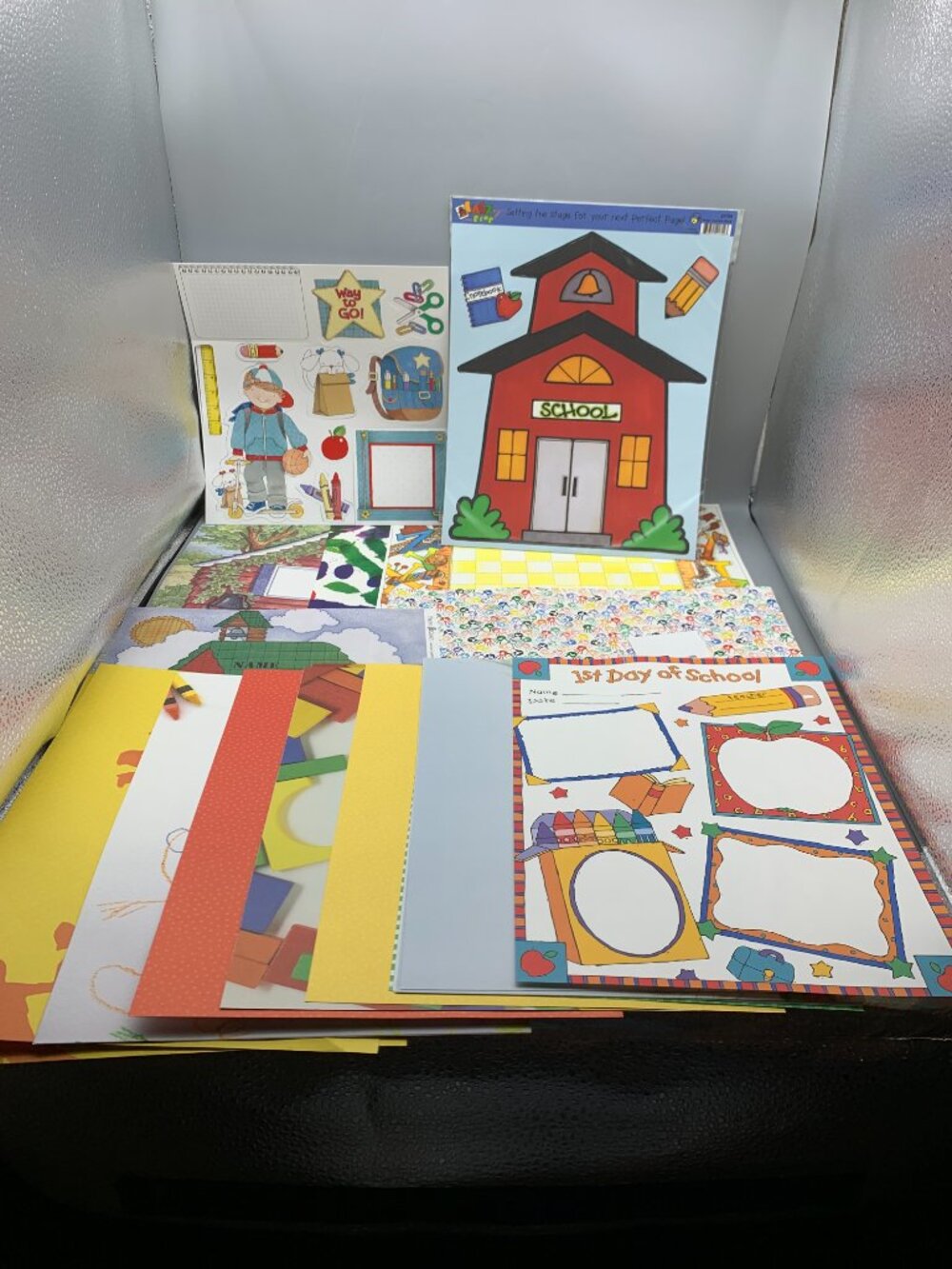Assorted School Themed Scrapbook Paper and Pop-Out Shapes and Stickers